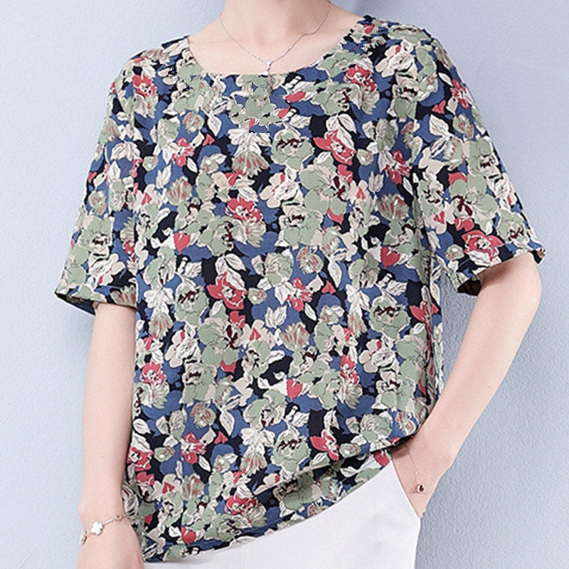 Summer Mid-Sleeve Loose Mother Dress Shirt Round Neck Plus Size Blouse