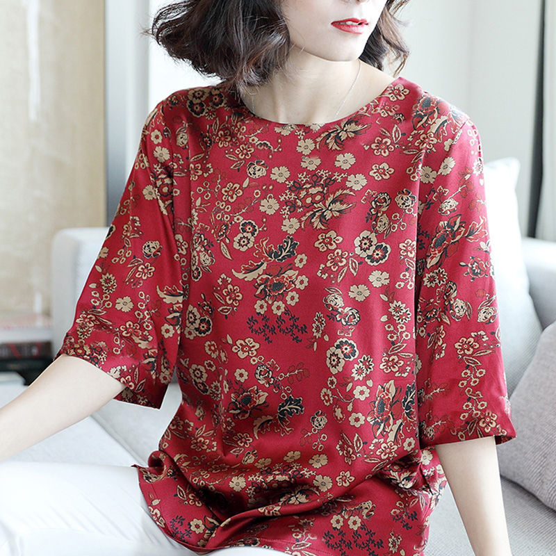 Summer Mid-Sleeve Loose Mother Dress Shirt Round Neck Plus Size Blouse