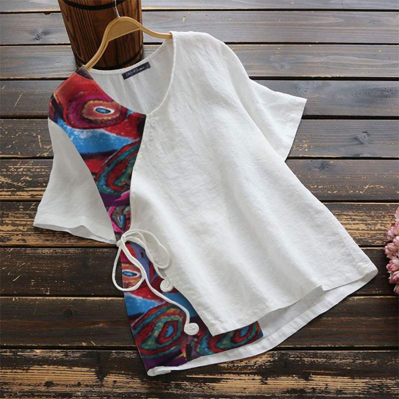 Printed Shirt Floral Color Matching Floral Round Neck Summer Casual Blouse