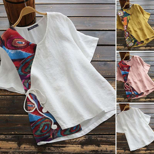 Printed Shirt Floral Color Matching Floral Round Neck Summer Casual Blouse