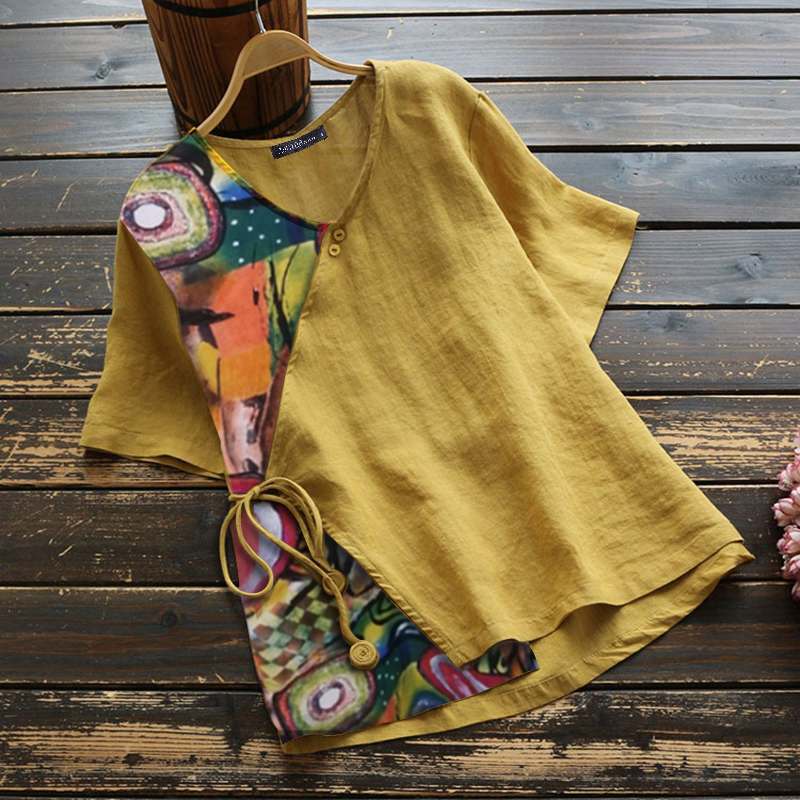 Printed Shirt Floral Color Matching Floral Round Neck Summer Casual Blouse