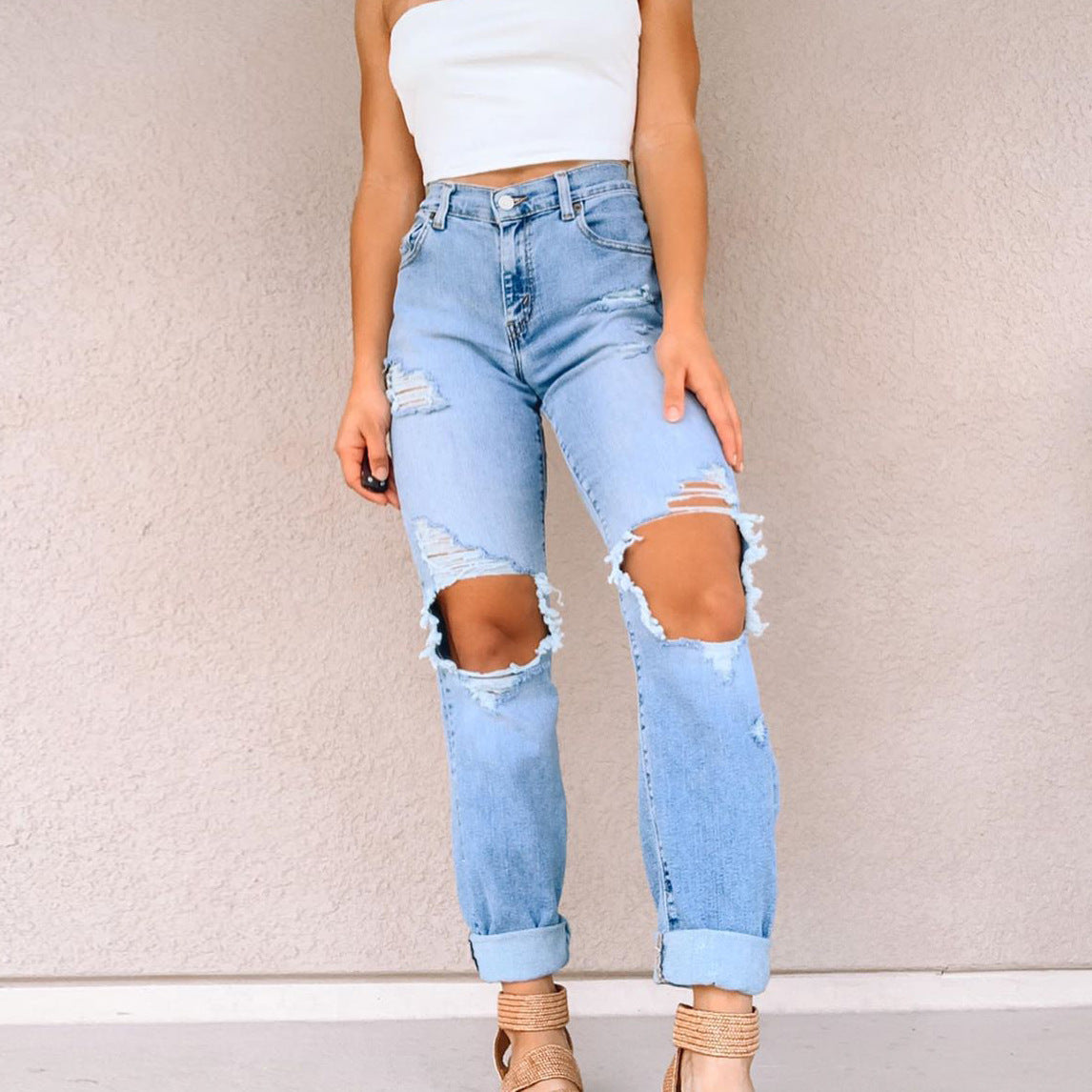 Ladies Jeans Ripped Holes Show Thin Jeans Women's Trousers