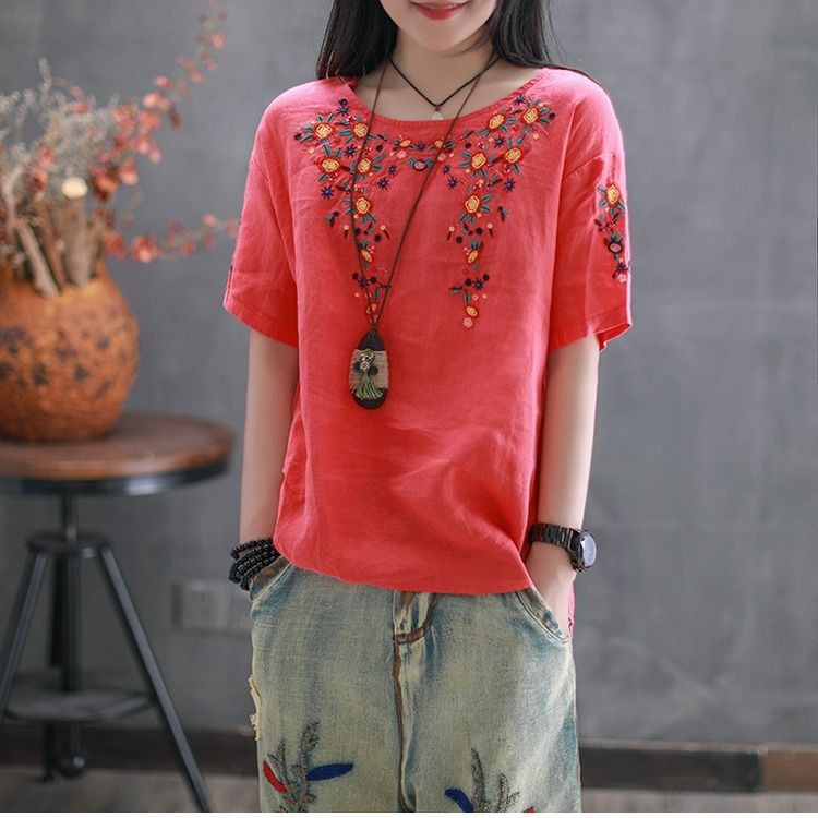 Summer New Round Neck Short-Sleeved Blouse Women