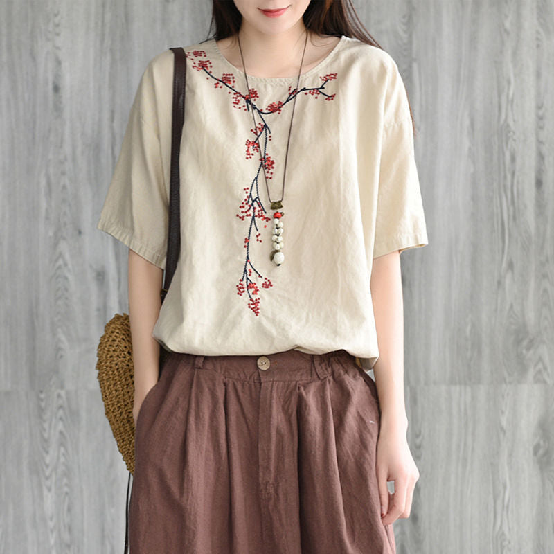 Summer New Round Neck Short-Sleeved Blouse Women