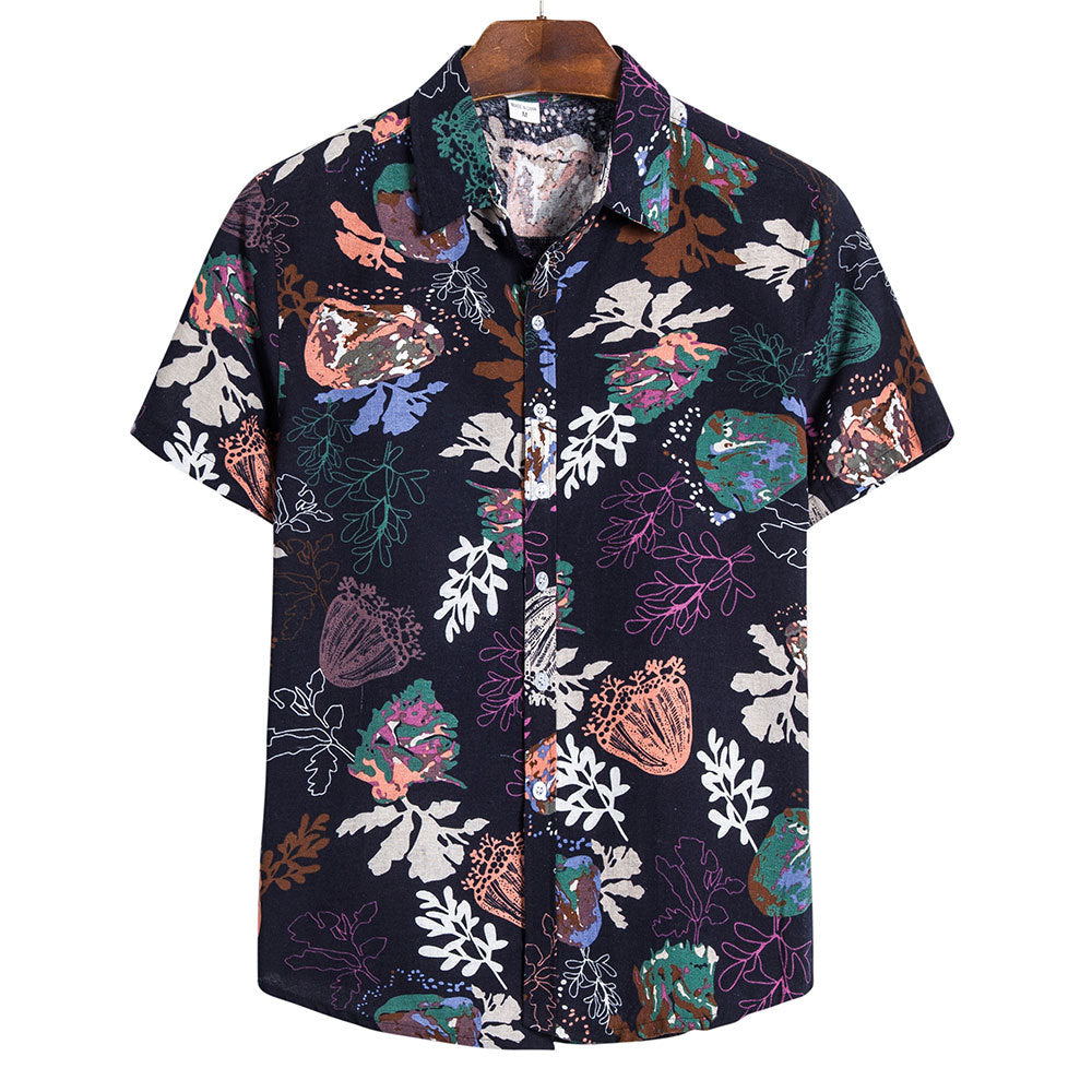 Summer Fashion Casual Men Baggy Beach Hawaiian Print Short Sleeve Button Retro Shirts Tops Blouse Men Shirt Summer New