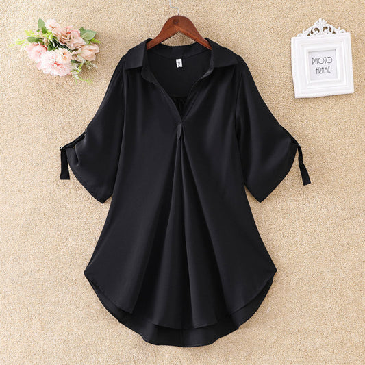 Summer New Style V-Neck Solid Color Loose Chiffon Blouse Plus Size Short-Sleeved Shirt