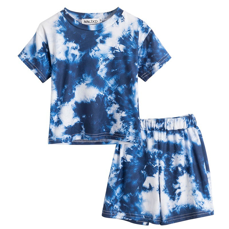 Summer Printing And Dyeing Round Neck Blouse And Shorts Two-Piece Sports Style