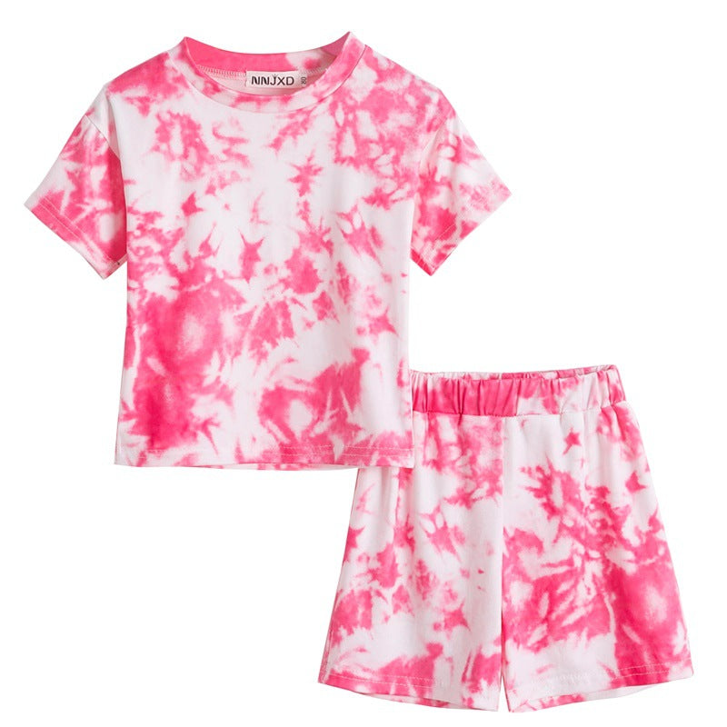 Summer Printing And Dyeing Round Neck Blouse And Shorts Two-Piece Sports Style