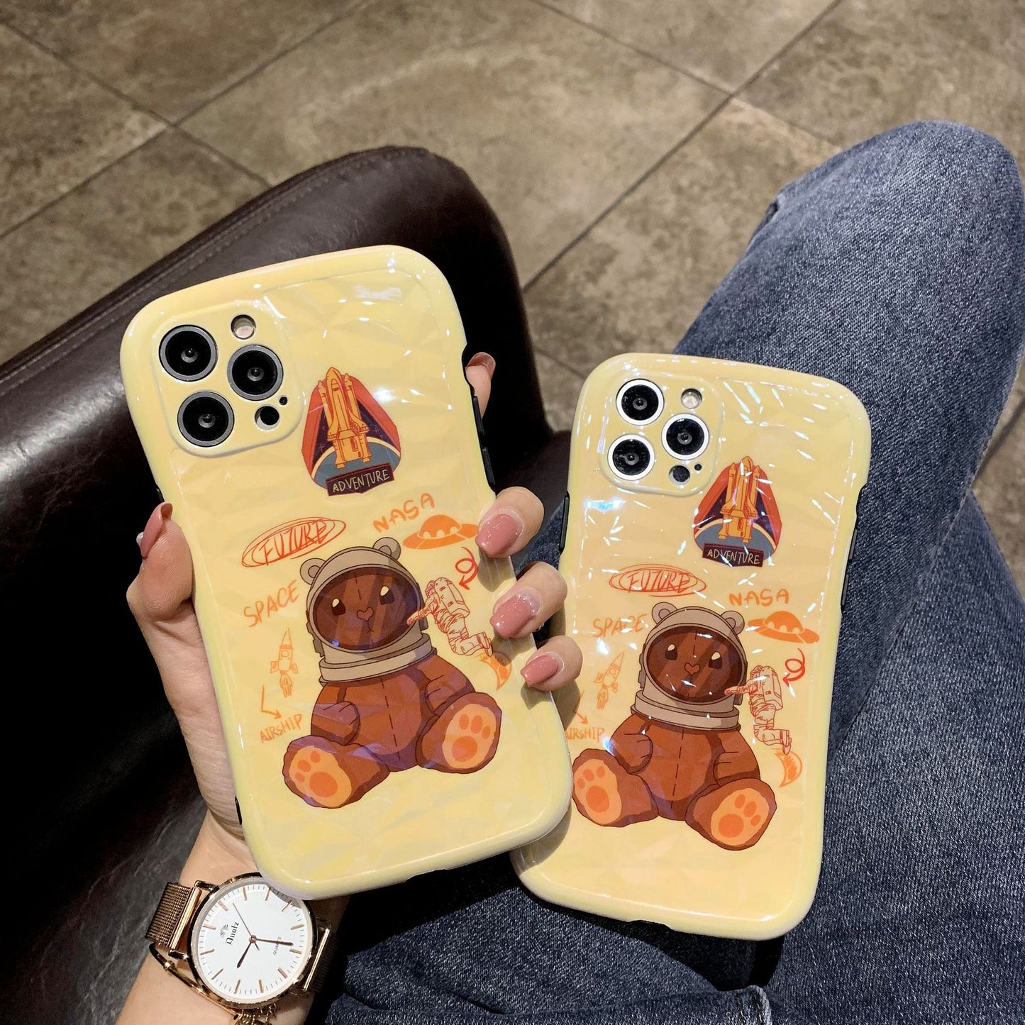 Cartoon Rocket Bear Diamond Pattern Small Waist Phone Soft Case