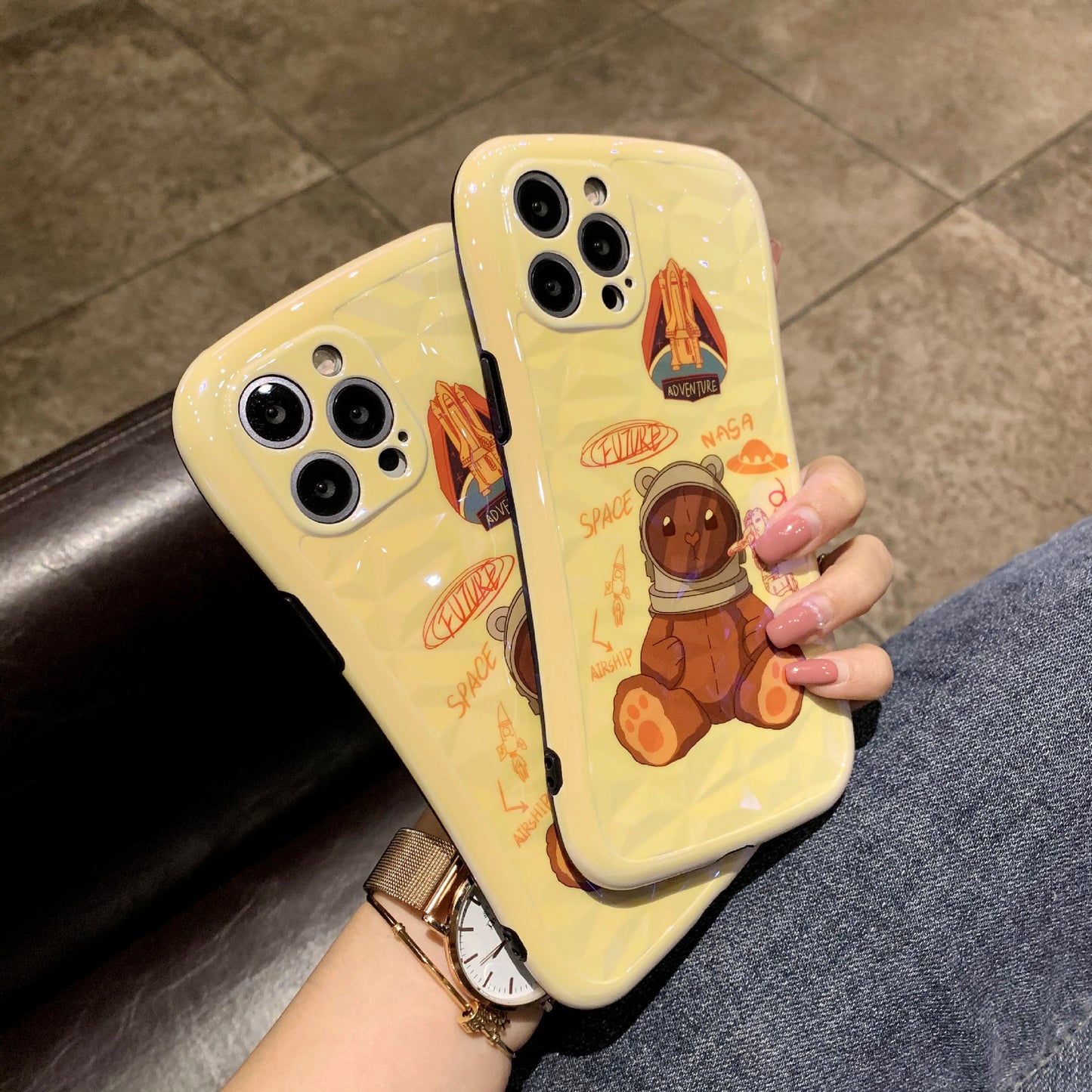 Cartoon Rocket Bear Diamond Pattern Small Waist Phone Soft Case