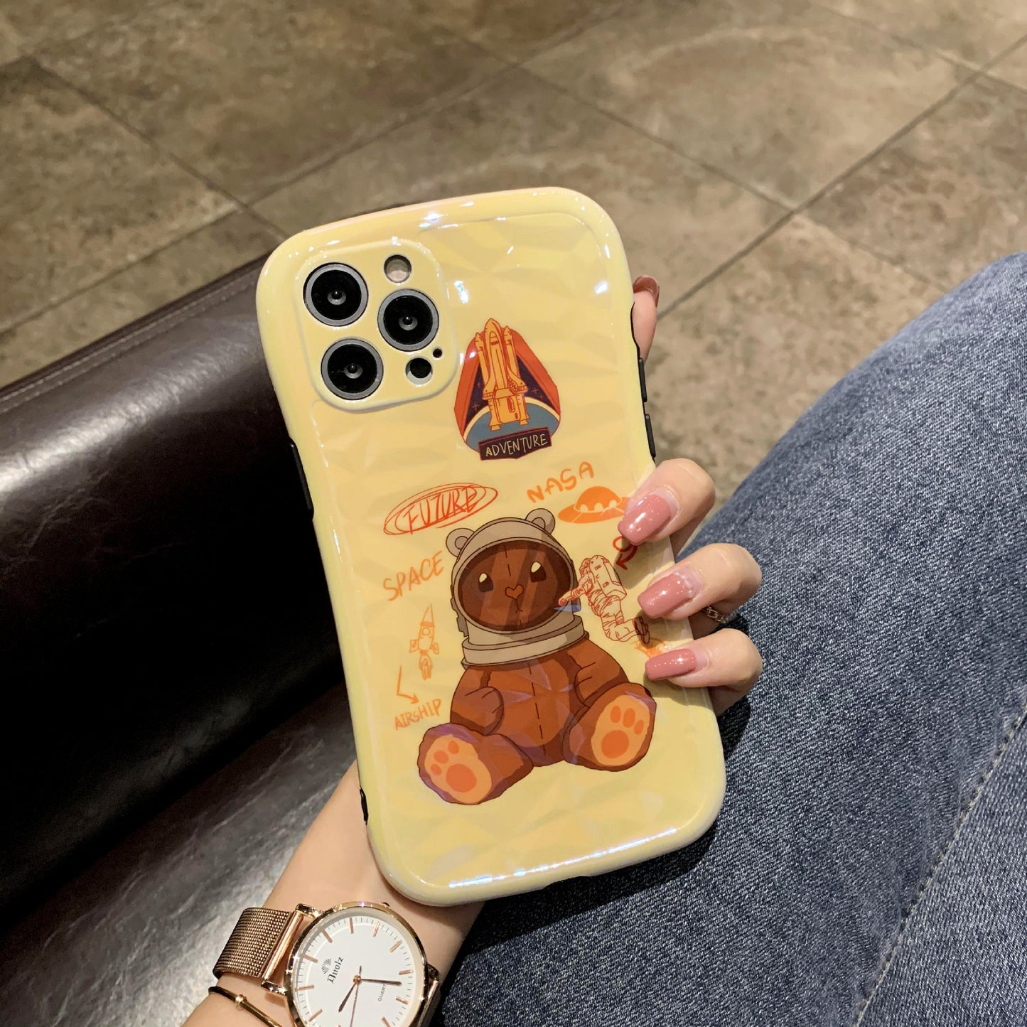 Cartoon Rocket Bear Diamond Pattern Small Waist Phone Soft Case