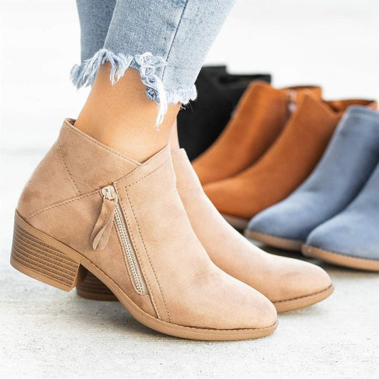 Chunky Heel Side Zip Mid-heel Ankle Boots