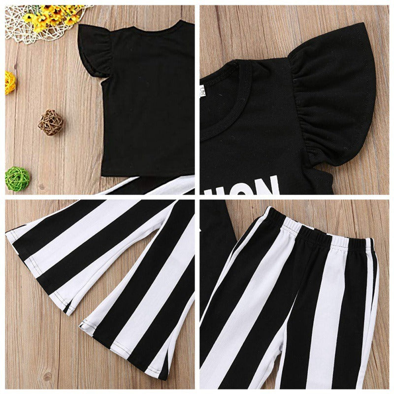 Girls Summer Cotton Printed Letter Blouse And Striped Flared Pants Two-Piece