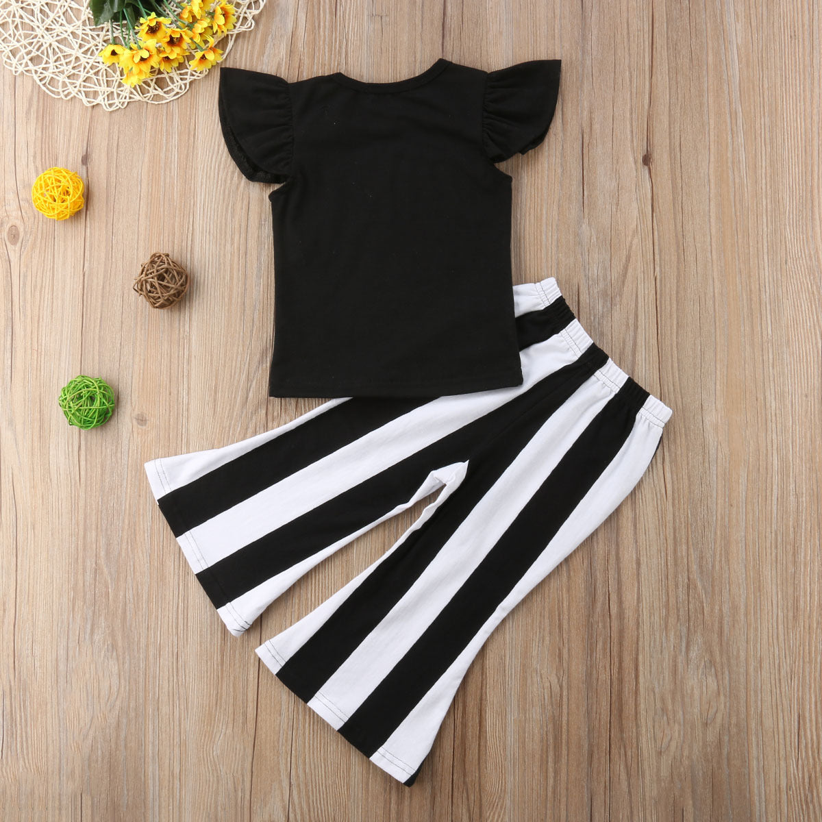 Girls Summer Cotton Printed Letter Blouse And Striped Flared Pants Two-Piece