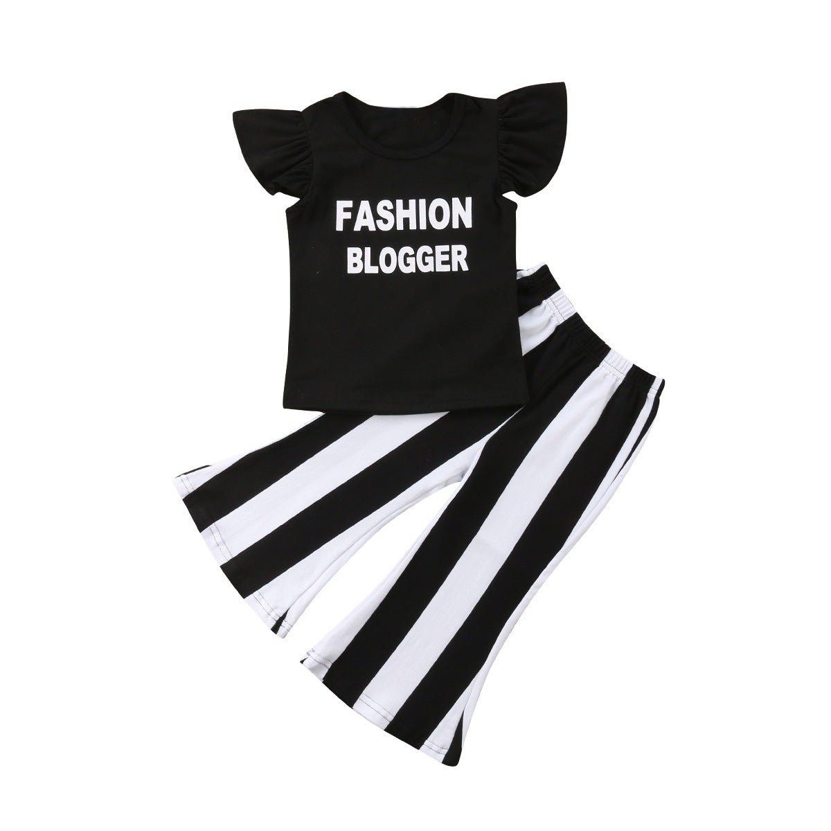 Girls Summer Cotton Printed Letter Blouse And Striped Flared Pants Two-Piece