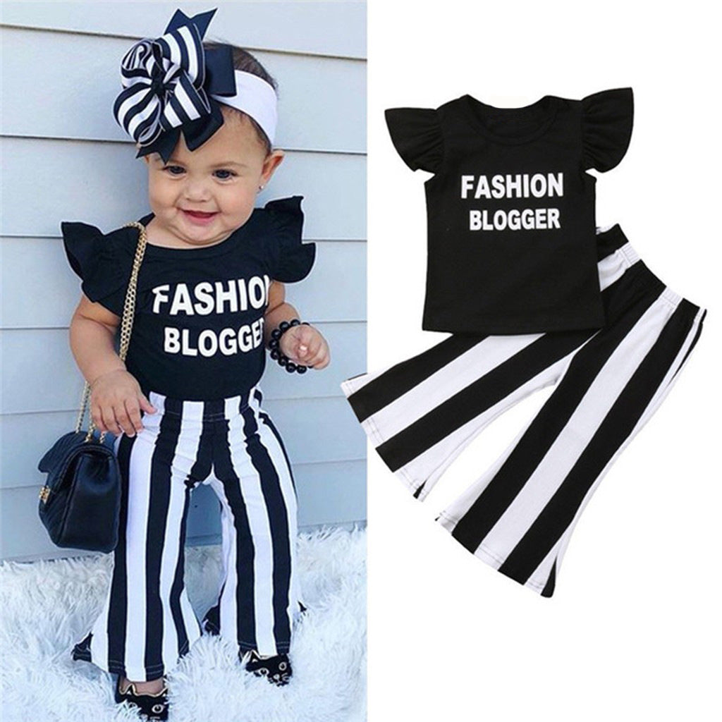 Girls Summer Cotton Printed Letter Blouse And Striped Flared Pants Two-Piece