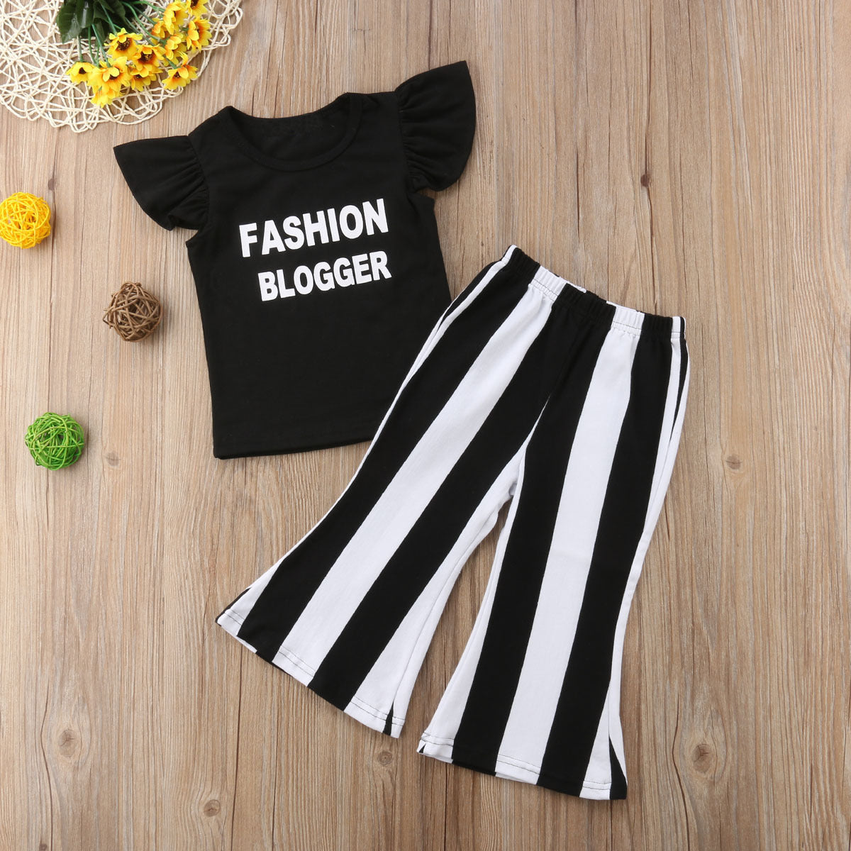 Girls Summer Cotton Printed Letter Blouse And Striped Flared Pants Two-Piece