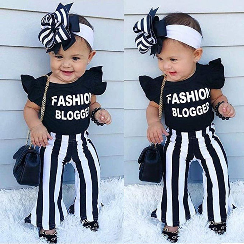 Girls Summer Cotton Printed Letter Blouse And Striped Flared Pants Two-Piece