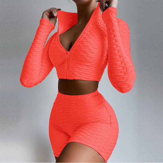 Sets Zipper Stand Collar Long Sleeve Crop TopsHigh Waist Shorts Women Tracksuit - taylorkinfo