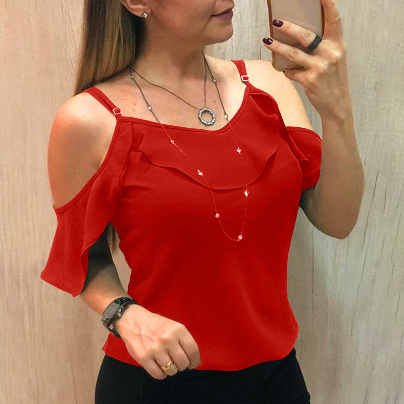 Sling Ruffles Short Sleeve Blouse Women Summer  Clothes