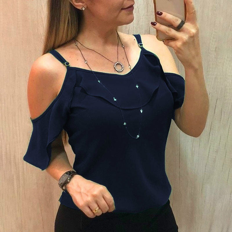 Sling Ruffles Short Sleeve Blouse Women Summer  Clothes