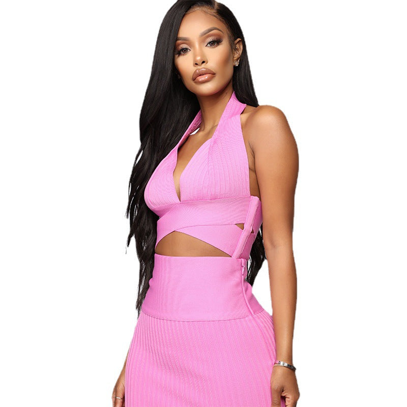 Summer Solid Color Two-piece Sexy Halter Halter Top  Hip Skirt - taylorkinfo