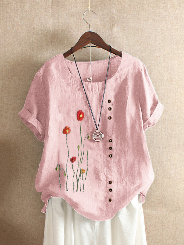 Summer New T Shirt Short Sleeved Round Neck Flower Embroidery Women's Blouse