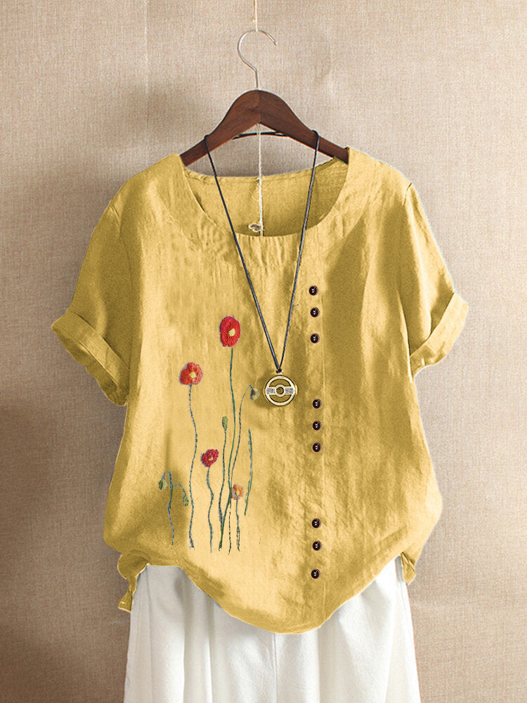 Summer New T Shirt Short Sleeved Round Neck Flower Embroidery Women's Blouse