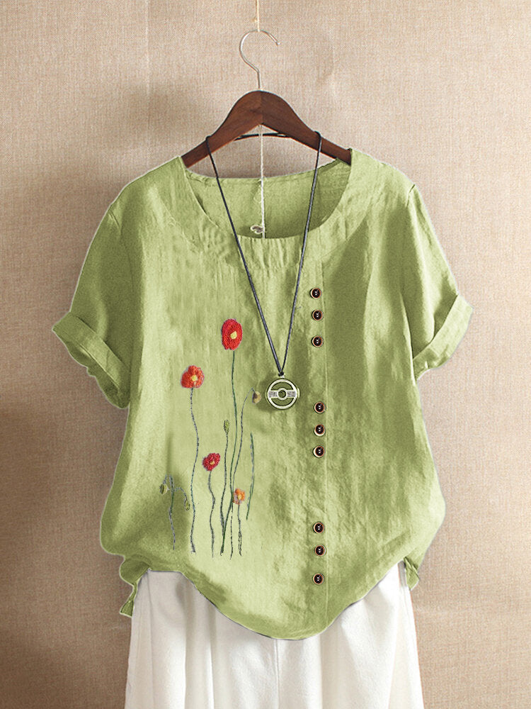 Summer New T Shirt Short Sleeved Round Neck Flower Embroidery Women's Blouse