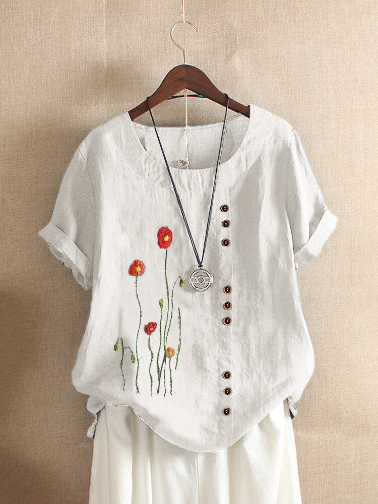 Summer New T Shirt Short Sleeved Round Neck Flower Embroidery Women's Blouse