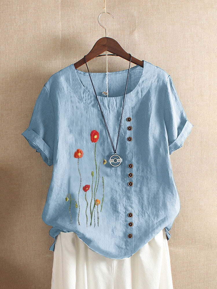 Summer New T Shirt Short Sleeved Round Neck Flower Embroidery Women's Blouse