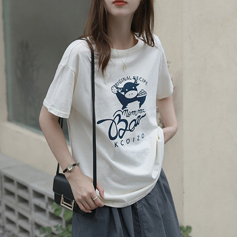 Summer New Women's Korean Style Loose Lazy Casual Round Neck Blouse