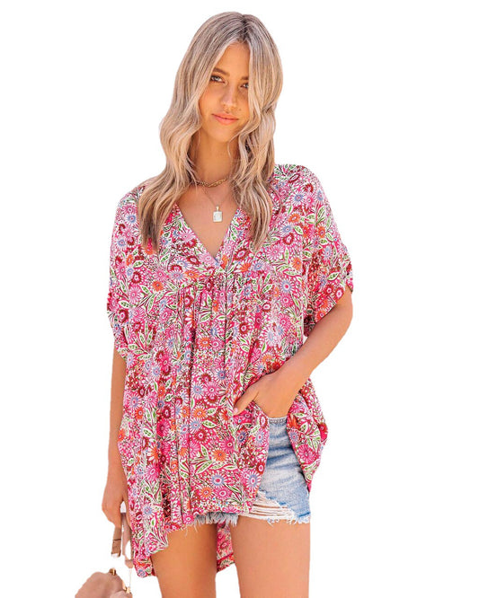 Summer New Style Women's V Neck Floral Blouse Mid Length Large Size Loose Casual T Shirt