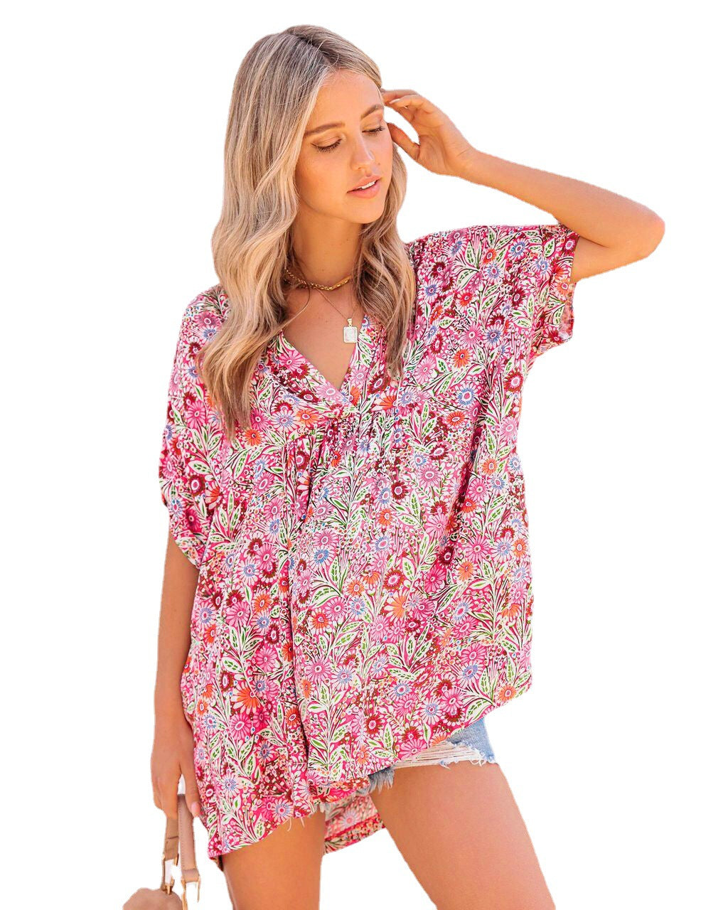 Summer New Style Women's V Neck Floral Blouse Mid Length Large Size Loose Casual T Shirt