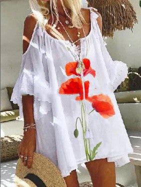 Summer New Casual Print Off-Shoulder Loose Tie Long Blouse Women