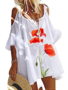 Summer New Casual Print Off-Shoulder Loose Tie Long Blouse Women