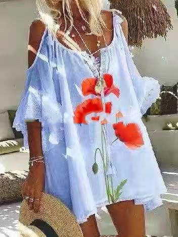 Summer New Casual Print Off-Shoulder Loose Tie Long Blouse Women