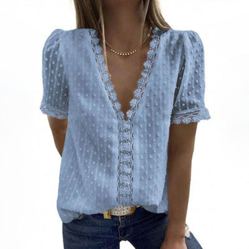 Summer New Solid Color Jacquard V-Neck Short-Sleeved Blouse Women