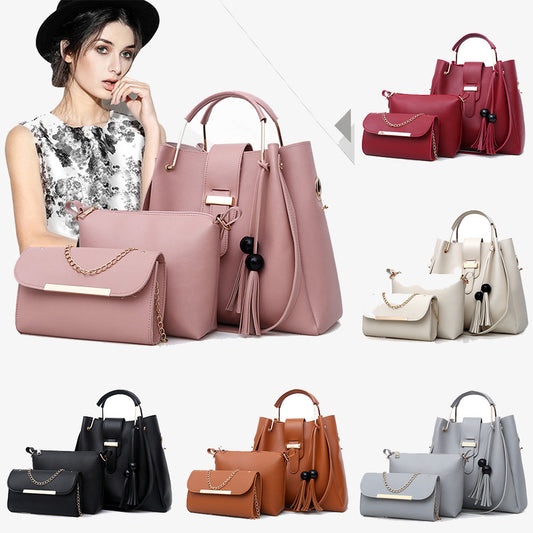 Women 3Pcs Or Set Handbags PU Leather Shoulder Bags Casual Tote Bag Tassel Metal Handle Designer Composite Bags - taylorkinfo