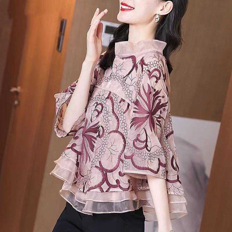 Summer Design Sense Cover Belly And Look Thin Printed Fashion Chiffon Blouse Women