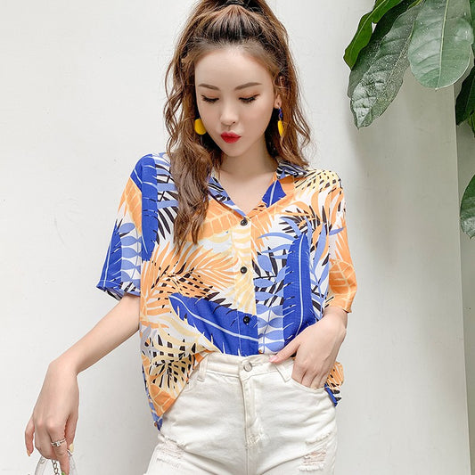 Summer retro V-neck short sleeve shirt blouse