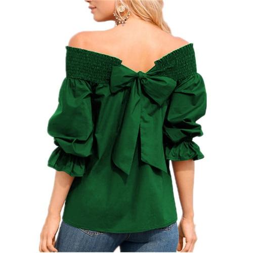 Off Shoulder Tops Spring Summer Strapless Women Blouse Bowknot Slash Neck Shirts Casual Loose Blusas Plus Size