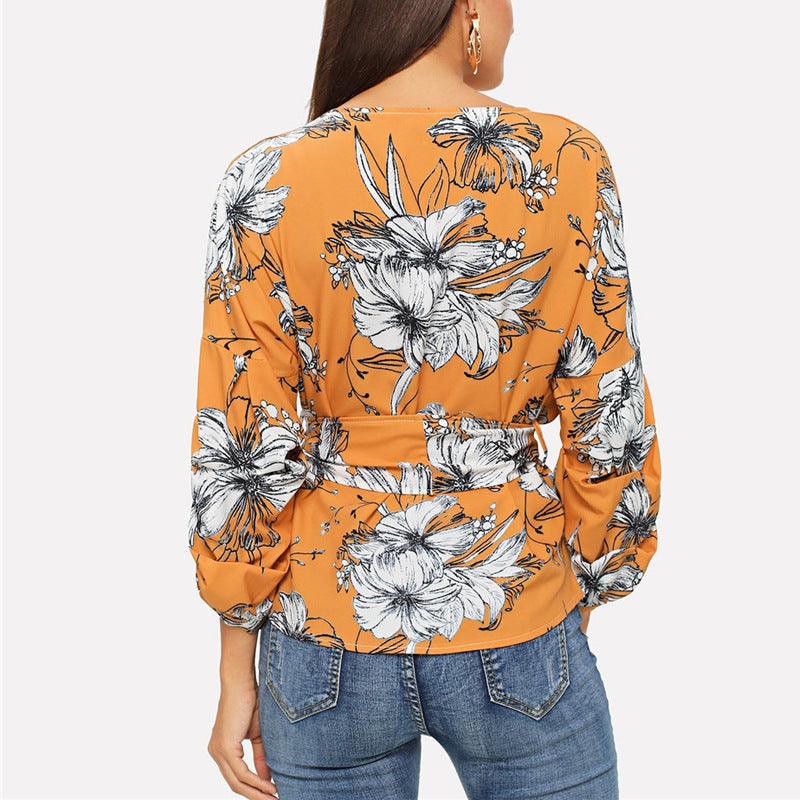 2021 Summer New Amazon Explosion Digital Printed Belt Lantern Sleeve Blouse Shirt