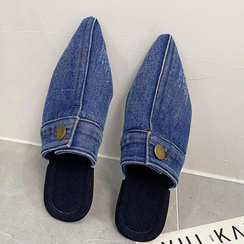 2022 Blue Denim Slippers Pointed Toe Outdoor Slides Mules Slip On Flats Simple Women Shoes Zapatillas Mujer Ytmtloy Indoor 1