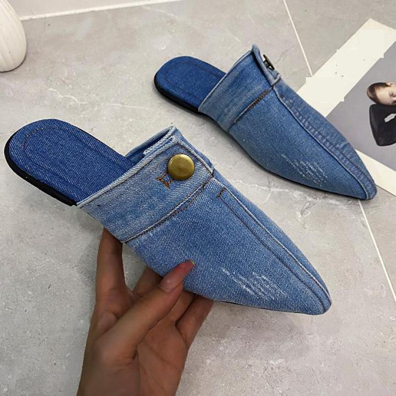 2022 Blue Denim Slippers Pointed Toe Outdoor Slides Mules Slip On Flats Simple Women Shoes Zapatillas Mujer Ytmtloy Indoor 1