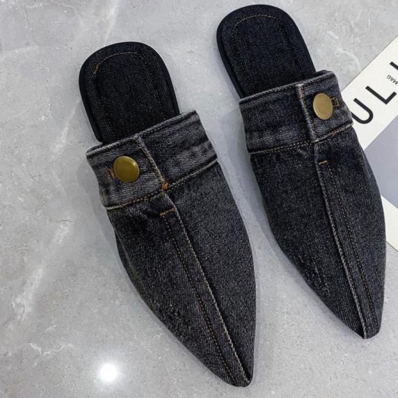 2022 Blue Denim Slippers Pointed Toe Outdoor Slides Mules Slip On Flats Simple Women Shoes Zapatillas Mujer Ytmtloy Indoor 1