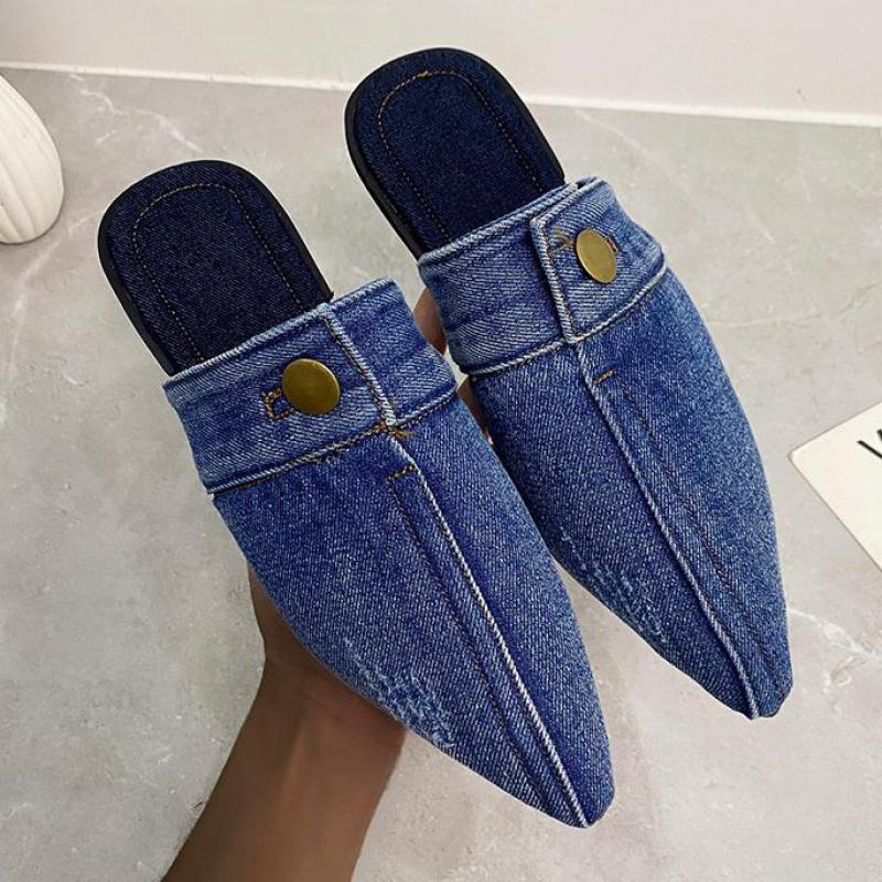 2022 Blue Denim Slippers Pointed Toe Outdoor Slides Mules Slip On Flats Simple Women Shoes Zapatillas Mujer Ytmtloy Indoor 1