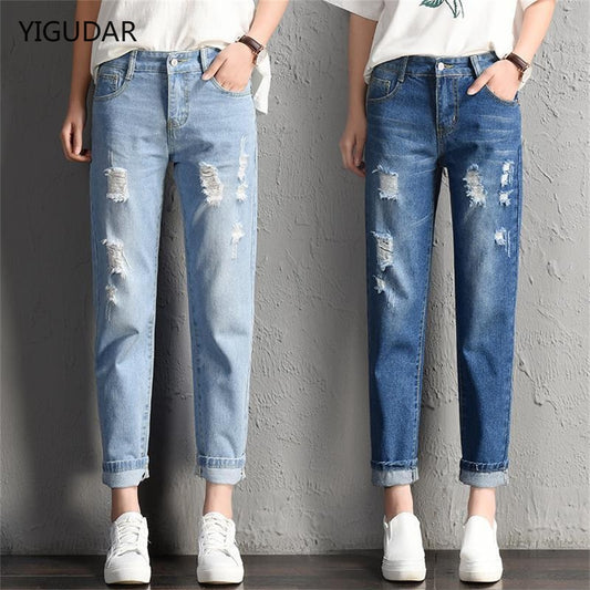 2022 New Women Fashion Mid Waist Boyfriend Big Ripped Hole Jeans Casual High Street Denim Pants Sexy Vintage Pencil Calca Jeans - taylorkinfo