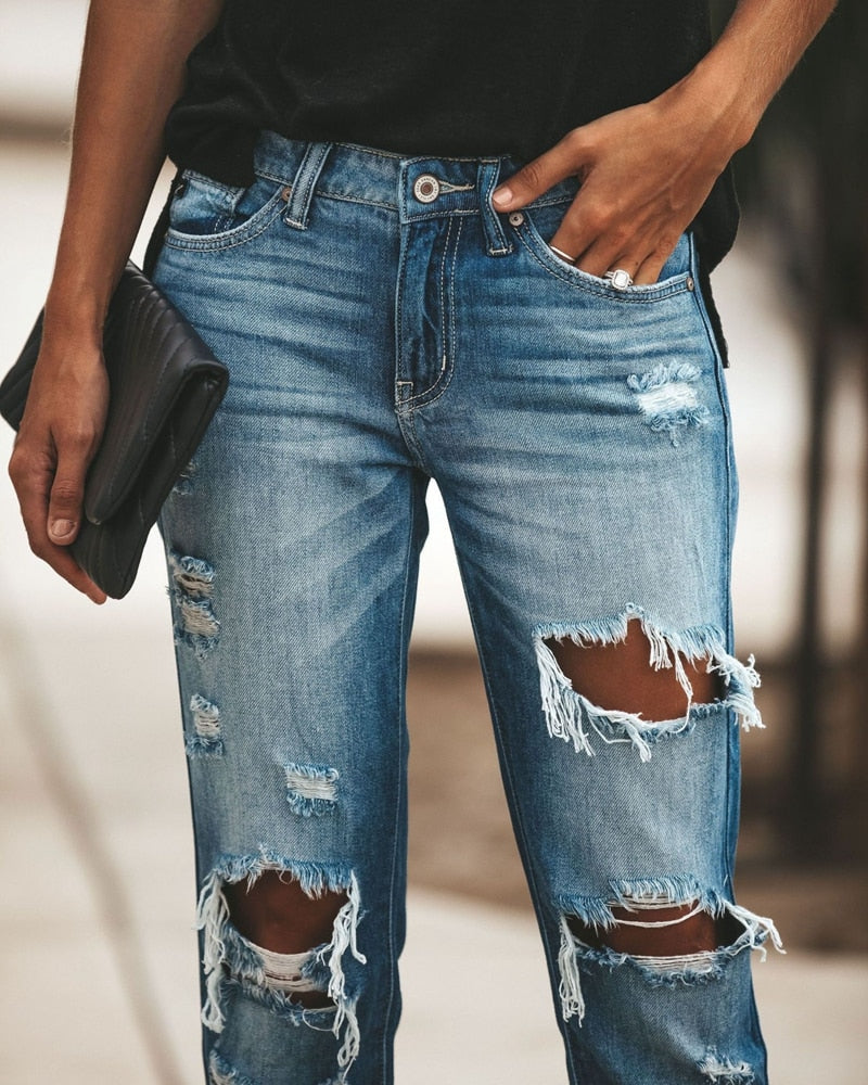 2022 New Women Fashion Mid Waist Boyfriend Big Ripped Hole Jeans Casual High Street Denim Pants Sexy Vintage Pencil Calca Jeans - taylorkinfo