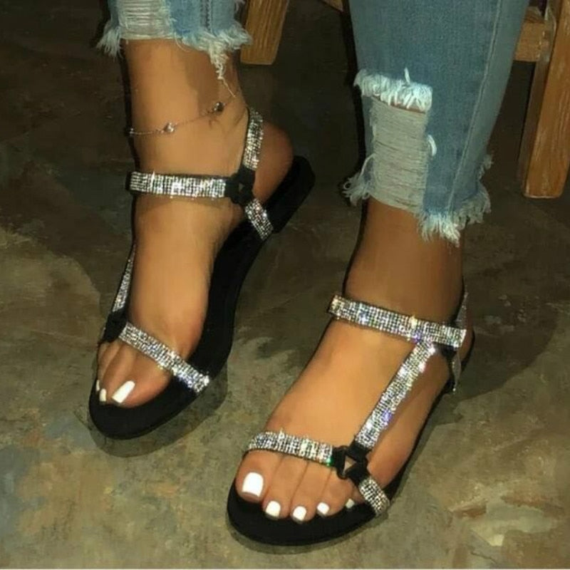 2023 Flat Sandals Women Fashion Summer Rhinestone Women Sandal Outdoor Beach Shoes Simple Crystal Shoe Plus Size 35-43